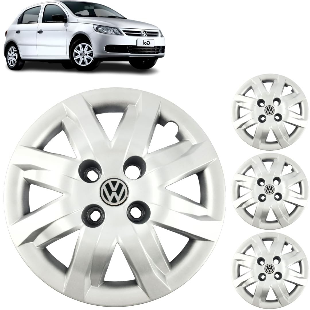 Jogo 4 Calotas Aro 13 VW Gol G5/G6 2009-2014 Grid Prata c/ Adesivo Logo Resinado