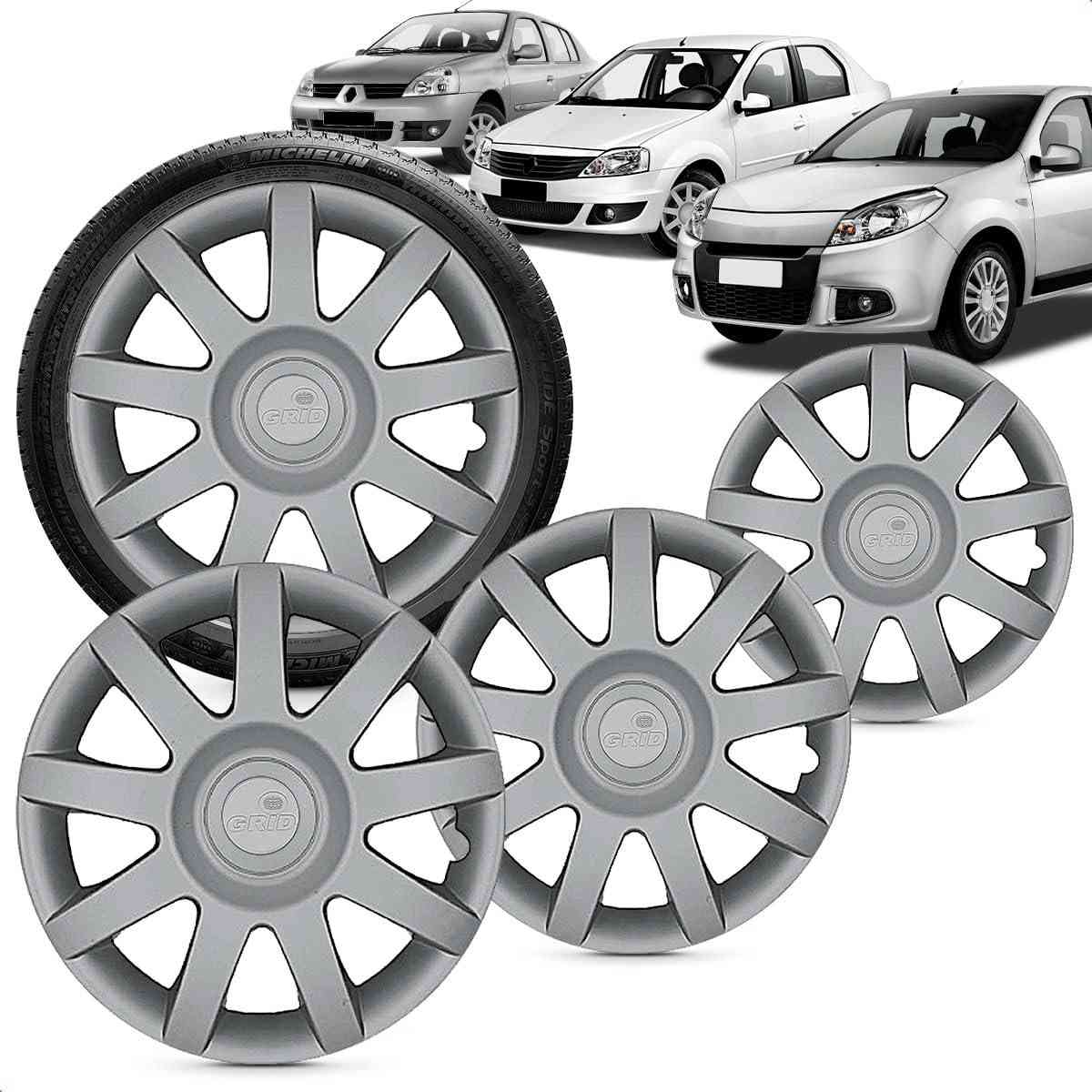 Kit 4 Calotas Aro 14 Clio Sandero Logan 2009-2011 Grid Prata Aro de Pressão