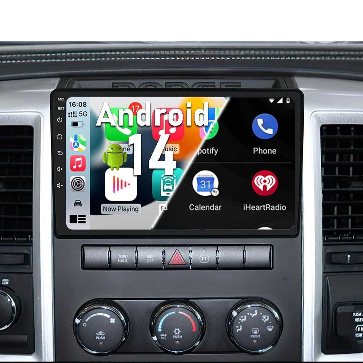 Central Multimídia Android 10.1" QLED para Dodge RAM 1500/2500/3500 (2009-2012) - 8GB RAM + 128GB ROM, Wi-Fi 5GHz, Carplay/Android Auto Sem Fio + Câmera Grátis