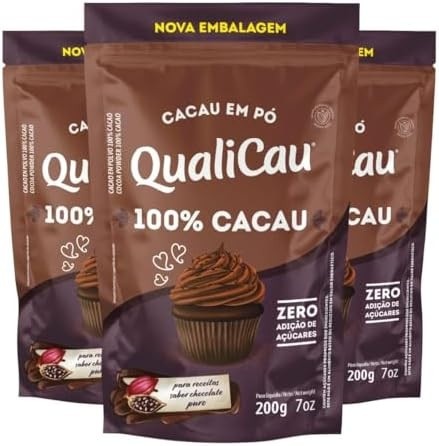 Cacau em Pó Alcalino 100% Cacau Qualicau - 3 pacotes de 200g