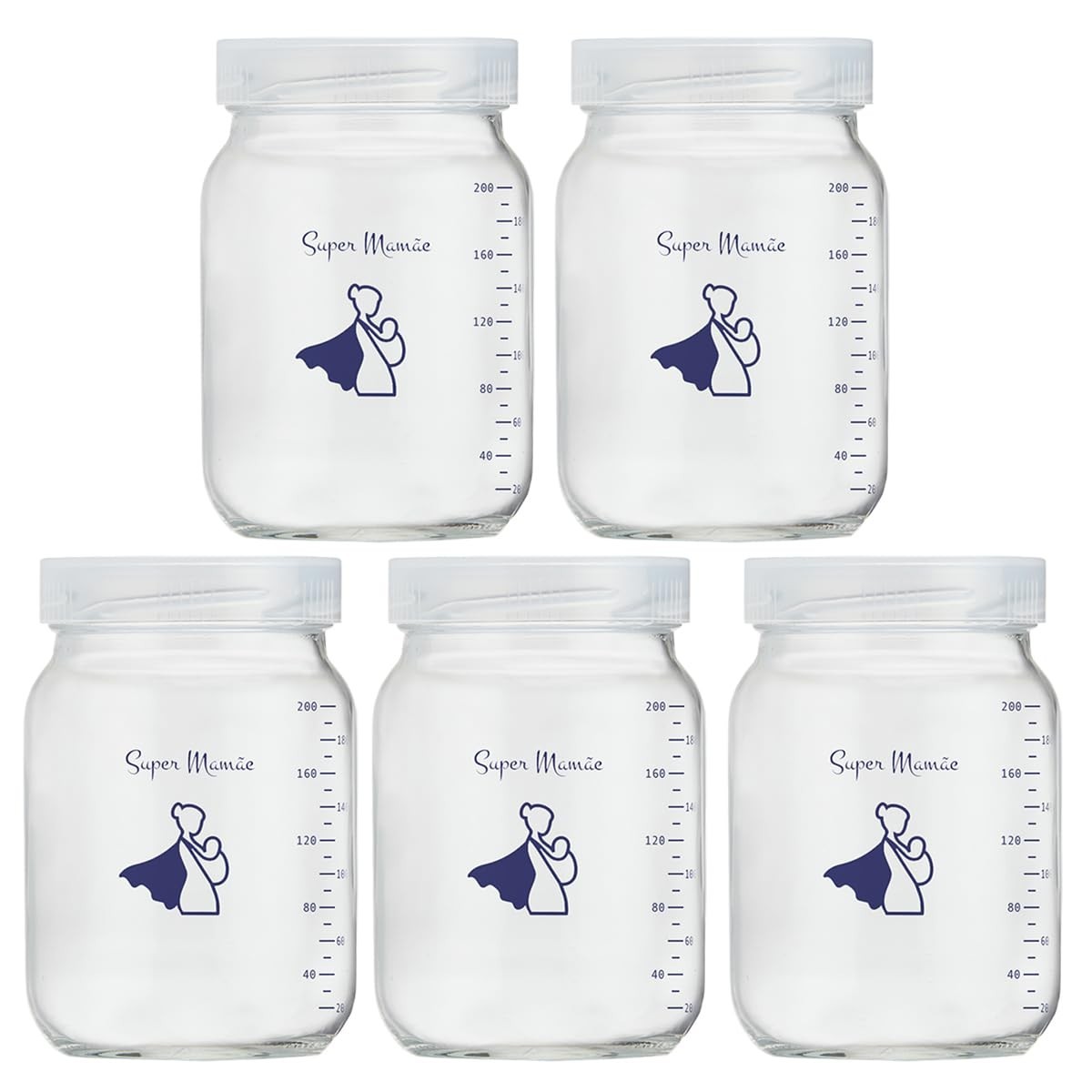 Super Mamãe - Potes de Vidro para Leite Materno 200ml com Tampa Rosqueável | Kit com 5 Unidades para Armazenamento Seguro