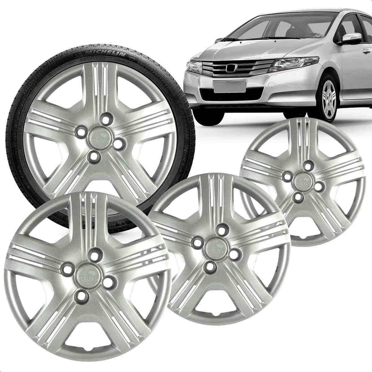 Kit 4 Calotas Aro 15 Prata Grid para Honda Fit e City (2010-2013) - Cubo Padrão