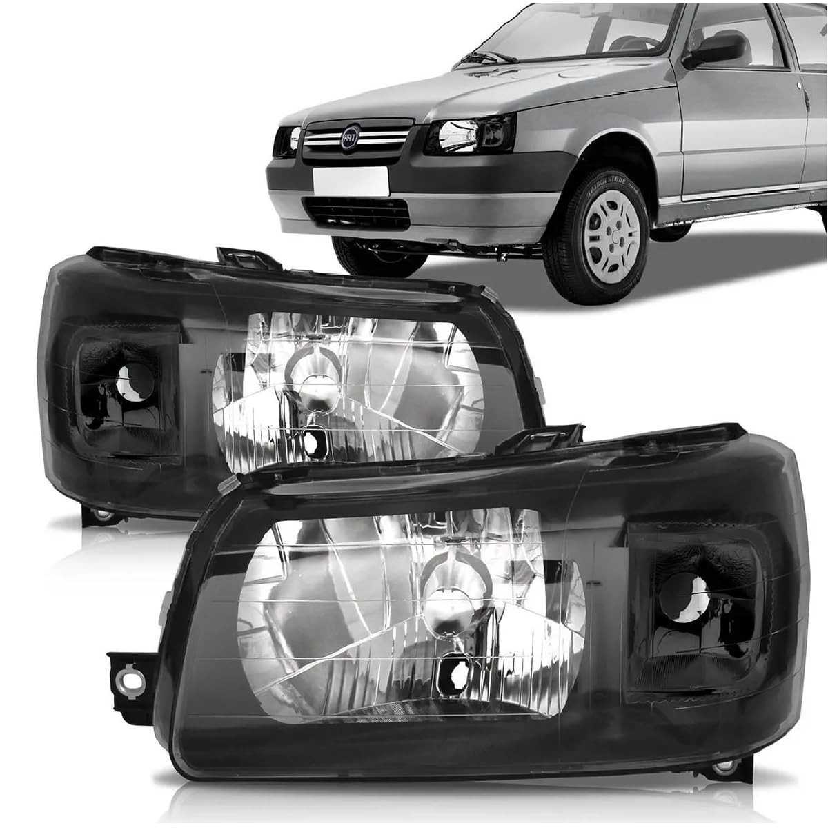 Farol Máscara Negra Uno Fiorino 2004-2013 Lado Passageiro (Direito) - Lente Lisa Acrílico