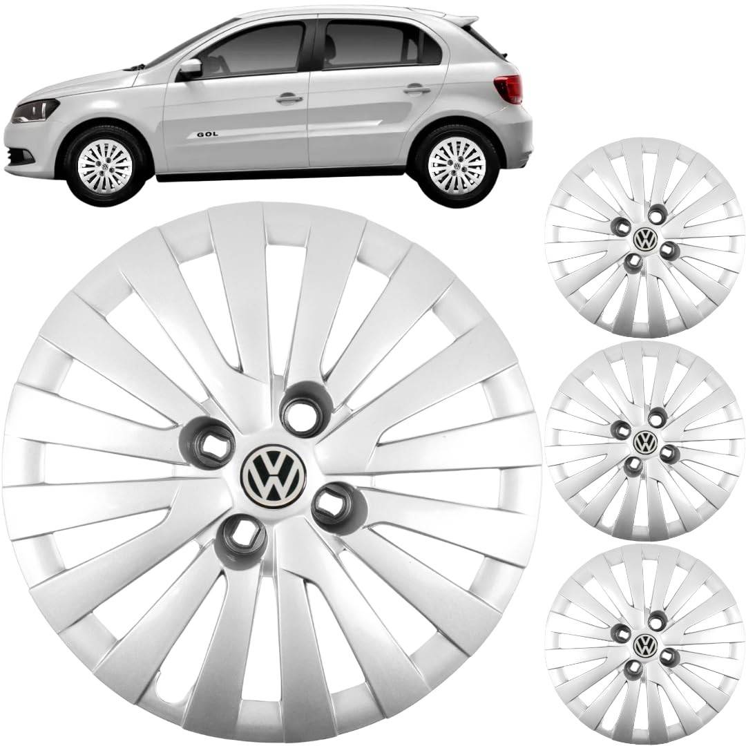 Jogo 4 Calotas Aro 14 VW Gol Voyage G5 G6 G7 (2009-2017) Grid GR117CB com Adesivo Logo Resinado
