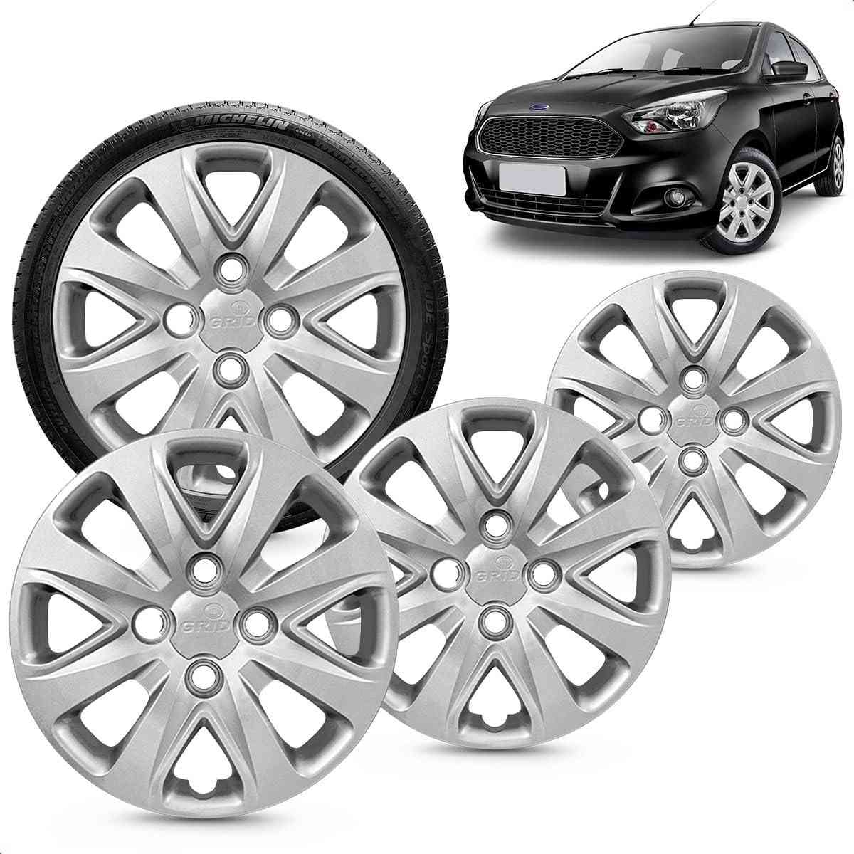 Kit 4 Calotas Esportivas Aro 14 Ka Hatch/Sedan 2015-2018 Prata Grid - Cubo Baixo