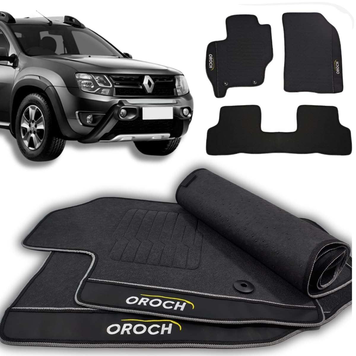 Jogo de Tapetes Automotivos Emborrachados para Renault Oroch 2020-2025 (3 Peças)