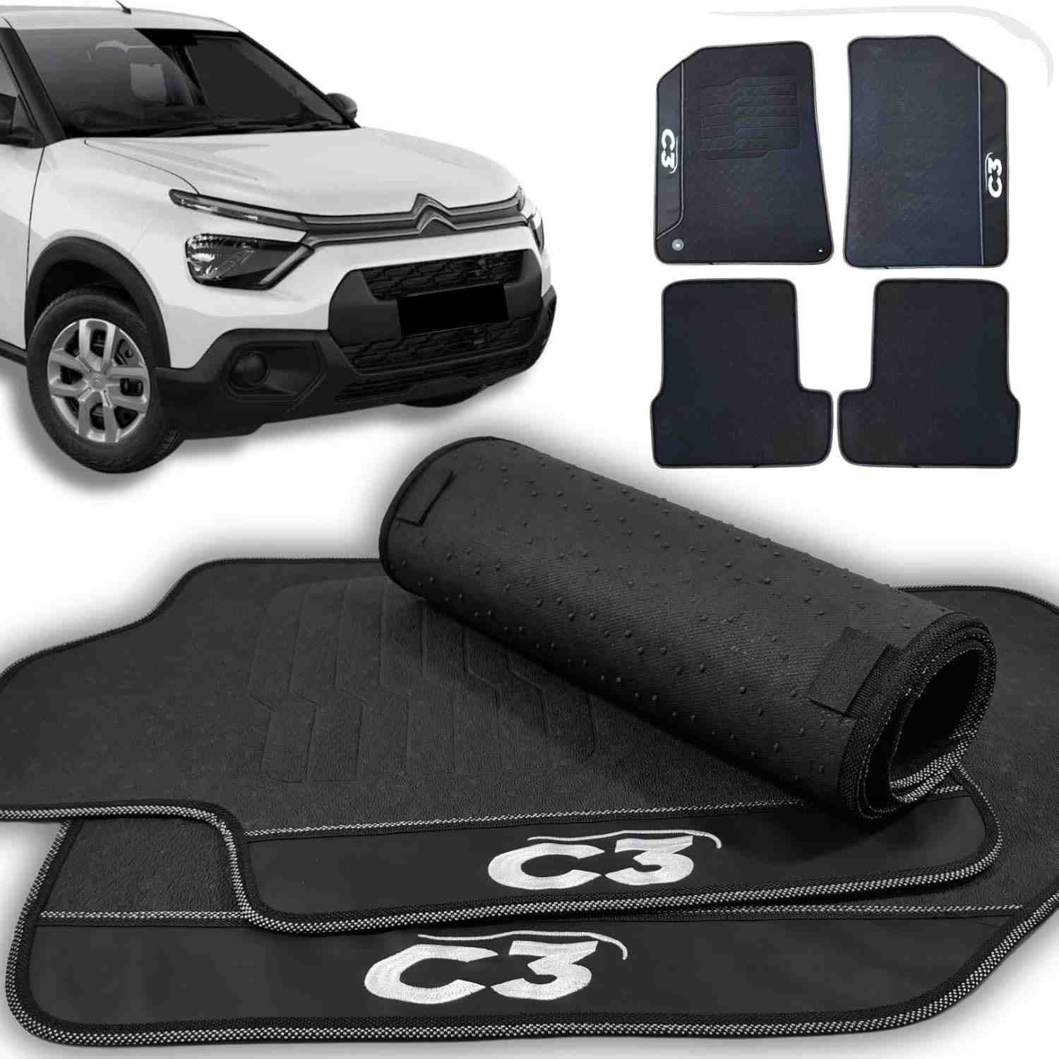 Tapete Emborrachado Premium para Novo C3 Feel Live First 2023-2025: Impermeável e Durável - Jogo com 4 Peças