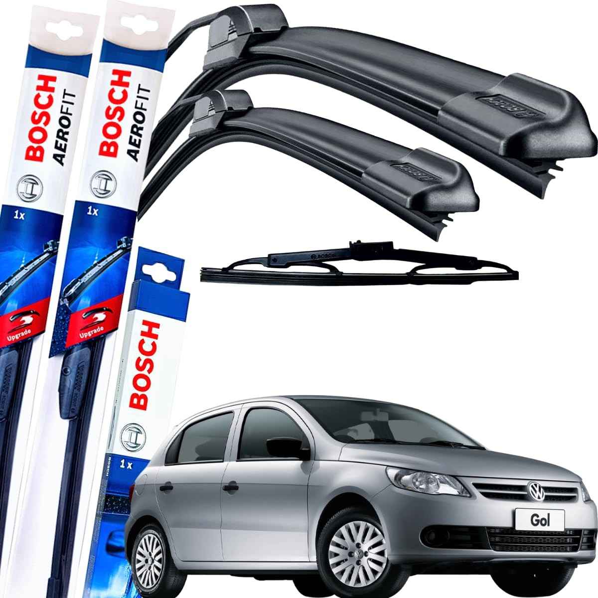 Kit Palheta Limpador Para-brisa Bosch Aerofit Dianteira + Traseira - Gol G7/G8/G9 (2017-2023)