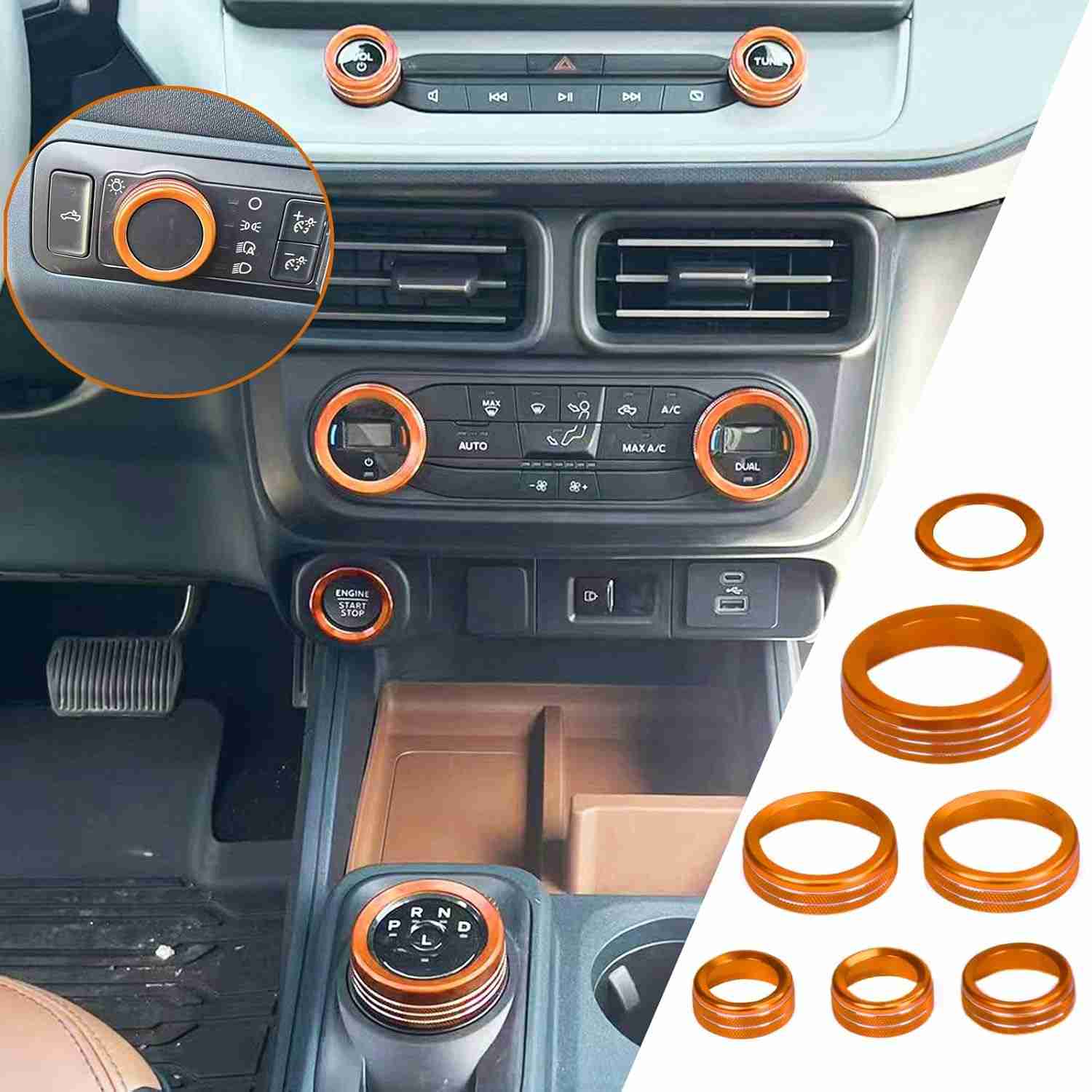 Kit 7 Capas Botão Farol Alumínio Laranja - Ford Maverick 2022-2024