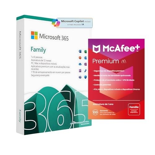 Microsoft 365 Family + Antivírus McAfee Premium Family 2024 - Licenças Físicas para Dispositivos, Segurança Avançada e Suporte Técnico (PAI) (Microsoft 365 Family Antivírus Premium Family)