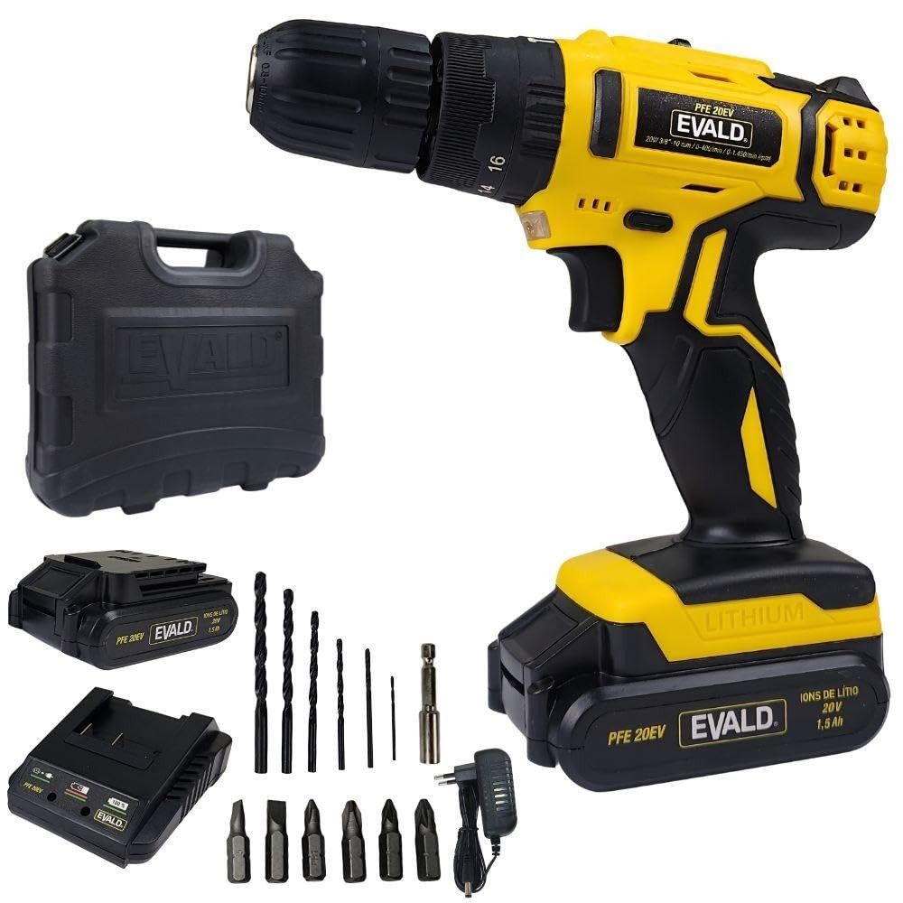 Parafusadeira Bateria 20V Completa: Maleta, Carregador Bivolt e Kit 13 Peças - PFE 20EV