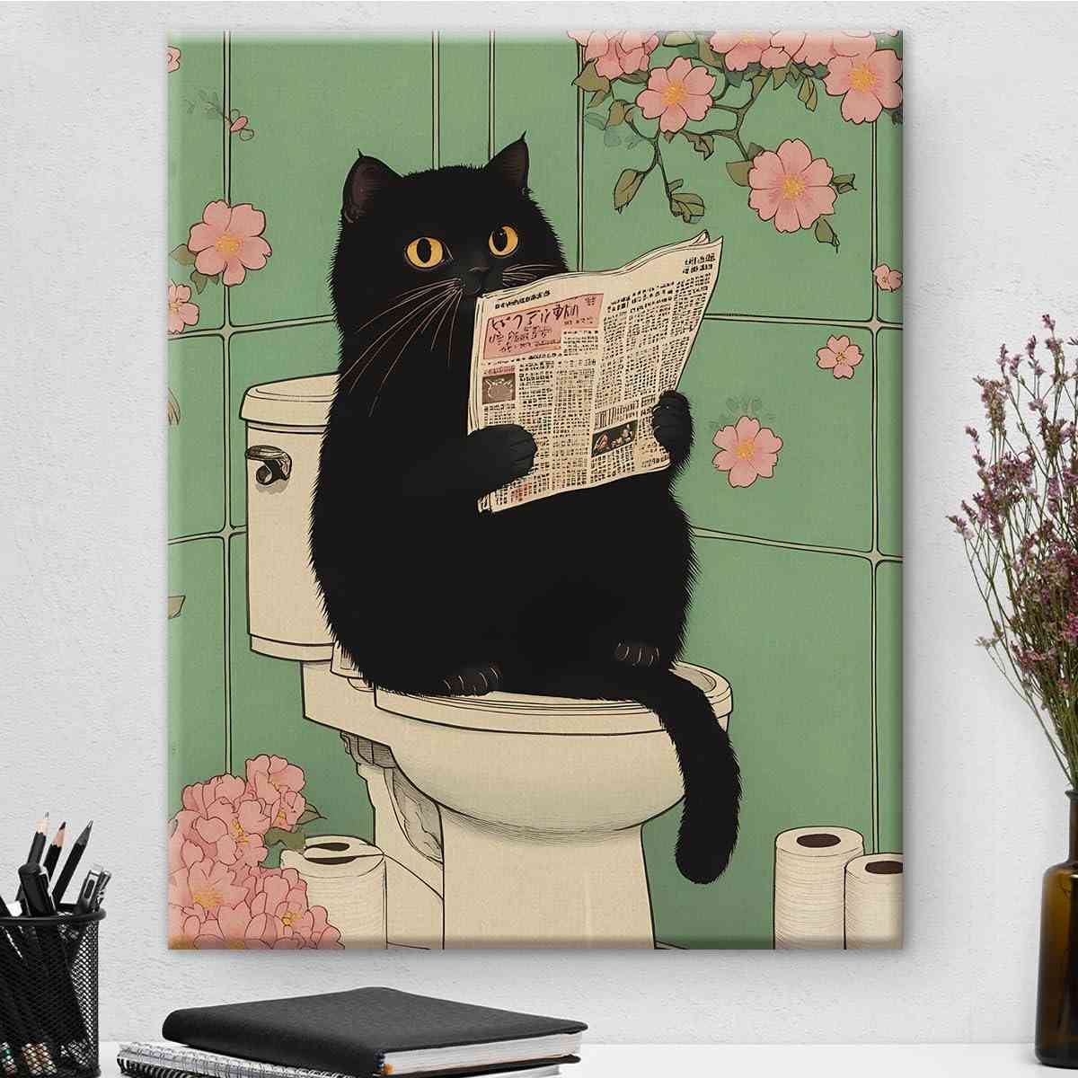 Arte de Parede Gato Engraçado em Tela 20x25cm - Decoração Estética para Banheiro e Apartamento