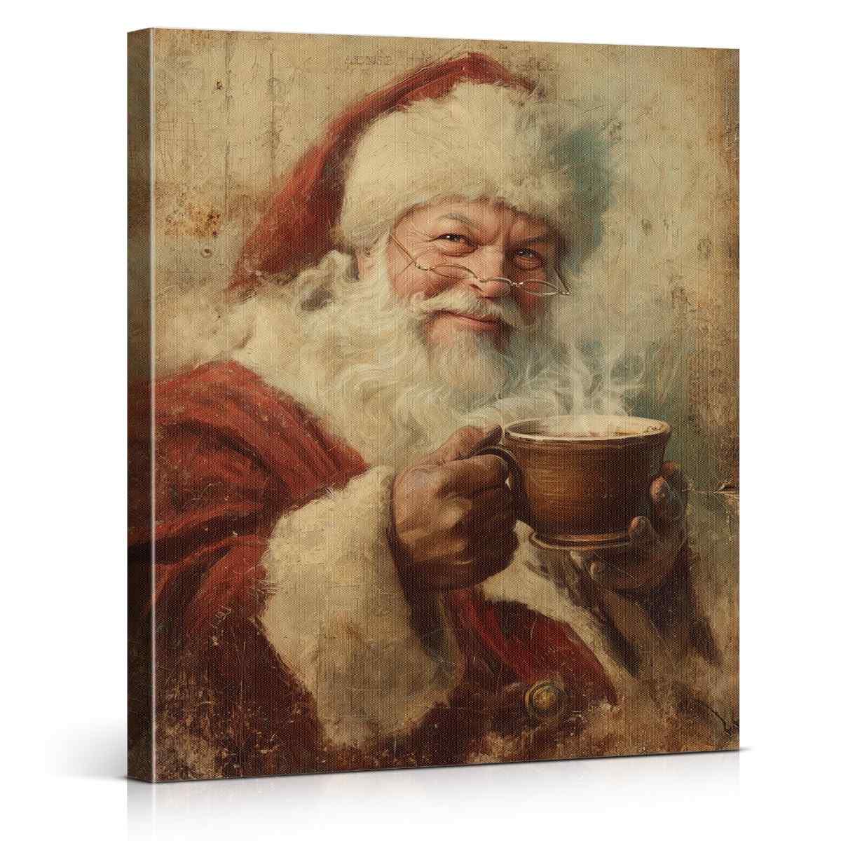Quadro de Natal Vintage Papai Noel Café - Decoração de Parede 20x25cm Emoldurado