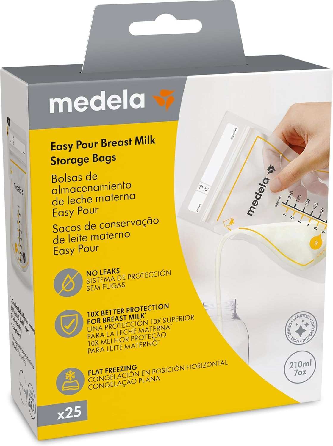 Sacos para Armazenar Leite Materno Easy Pour Medela - 25 Unidades, 210ml, Livres de BPA