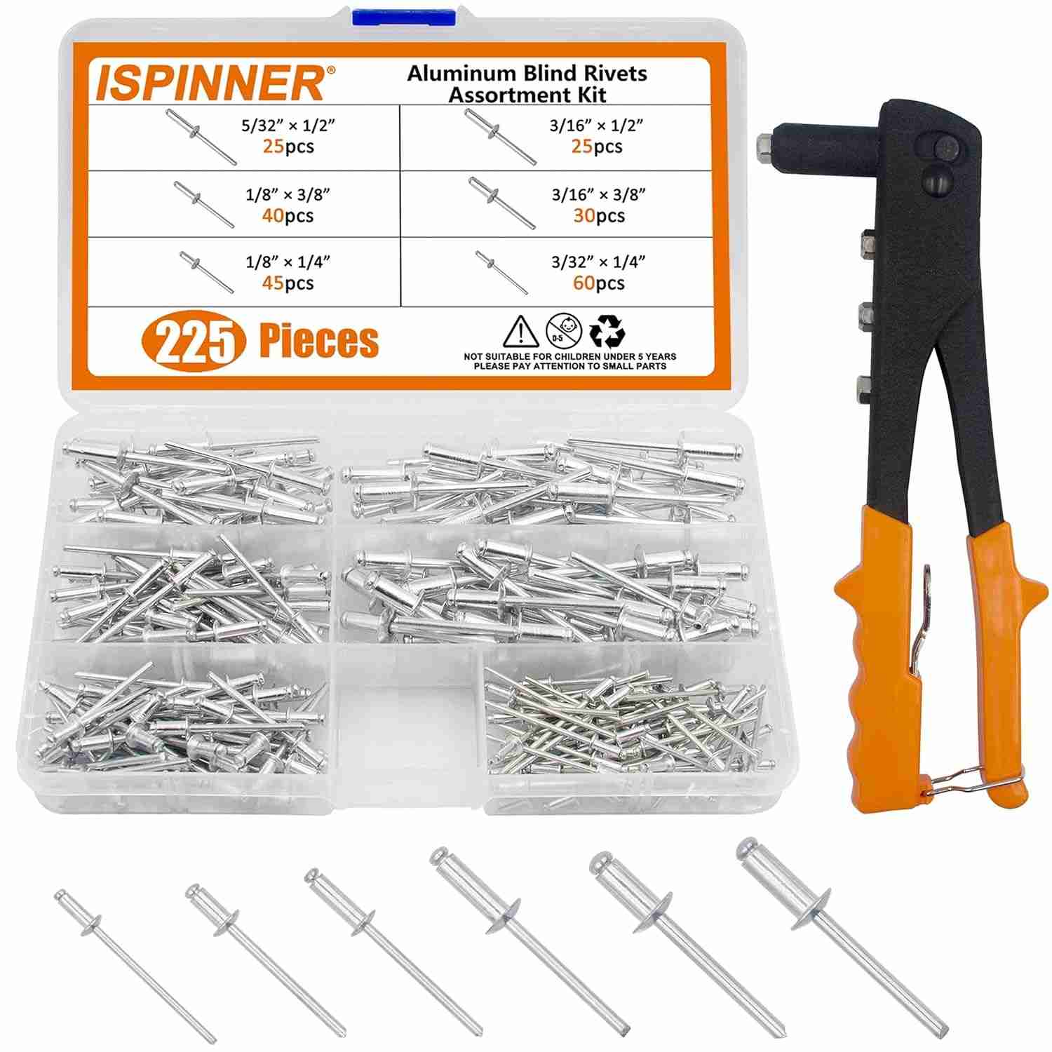 Kit Rebites Cegos Alumínio ISPINNER 225 Peças + Rebitador Manual Resistente | Fixação Profissional e DIY
