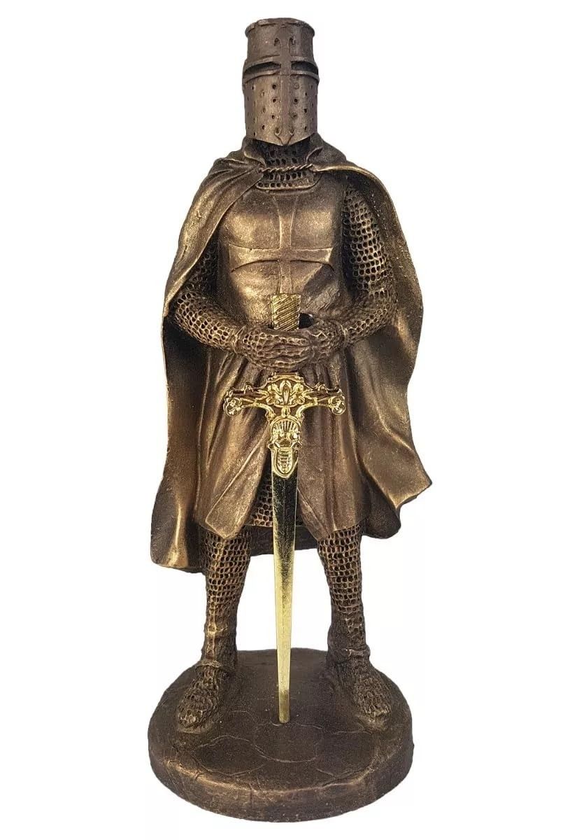 Cavaleiro Medieval Ordem dos Templários Ouro Envelhecido 23cm - Estátua em Resina Colecionável