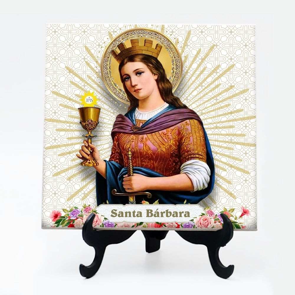 Quadro Azulejo com Suporte Fé Santa Bárbara 24 - Decore com Fé e Estilo