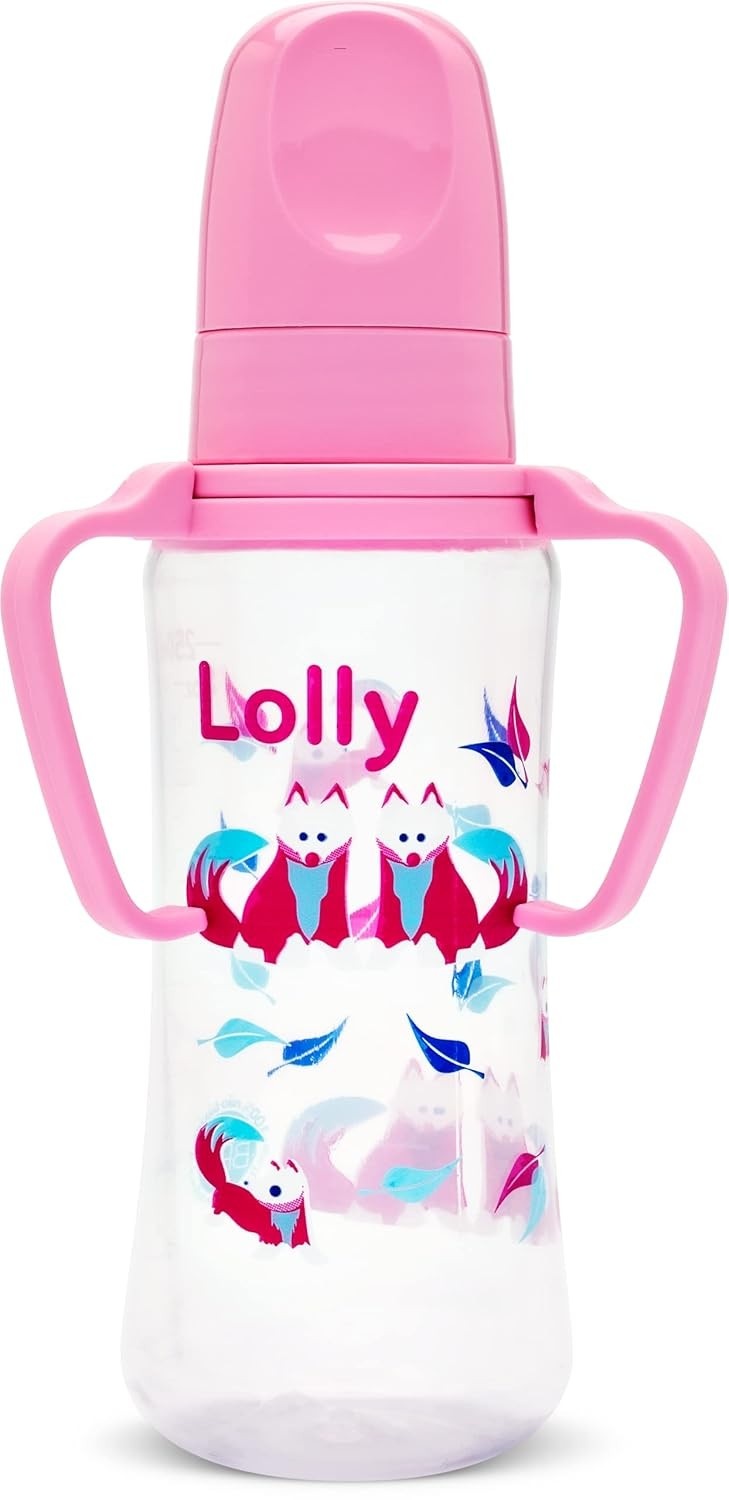 Lolly Mamadeira 240 ml Zoo com Alça Rosa - Segura, Ergonômica e Livre de BPA