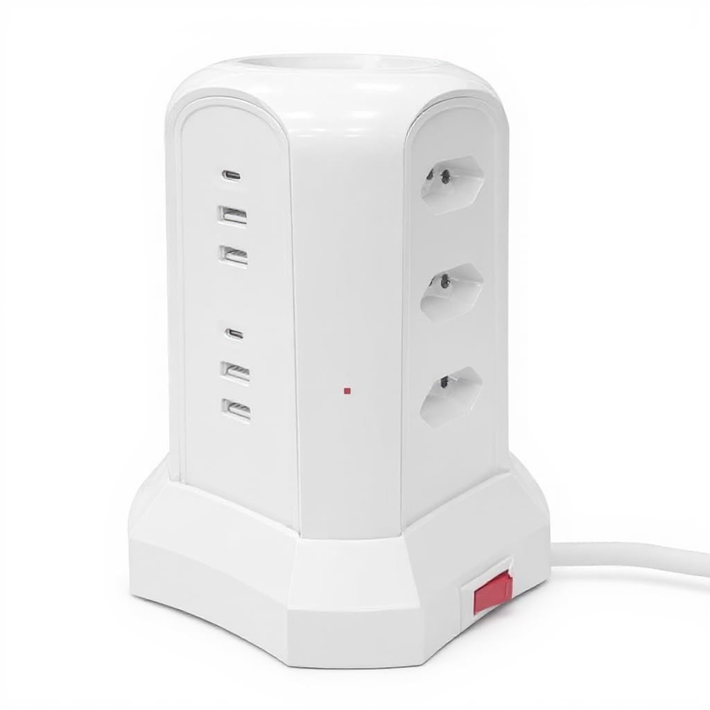 Torre de Tomada 9 Tomadas + 6 USB (2 Tipo-C) - Extensão Elétrica Inteligente 2500W Branco