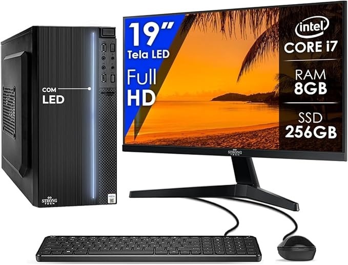 Computador Completo Intel Core i7 8GB SSD 256GB Monitor 19" 4 Núcleos Super Turbo Pc Hdmi Teclado e Mouse Strong Tech