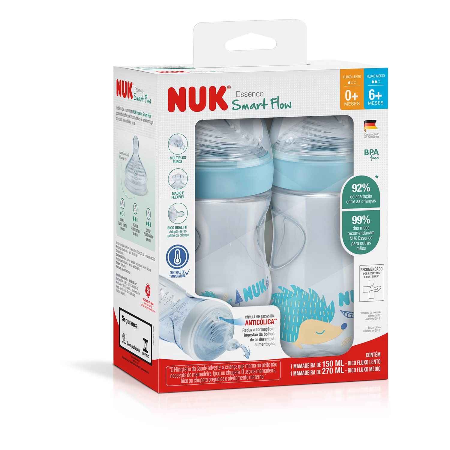 NUK Kit Mamadeiras Anticólica Essence Smart Flow 150ml + 270ml Azul - Conforto e Segurança para Bebês