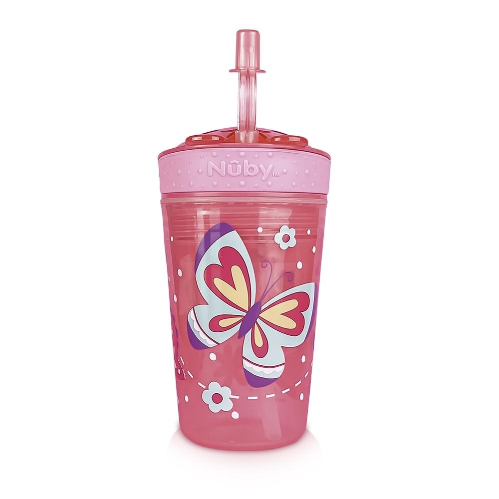 Nuby Copo 2 em 1 com Canudo e Porta Snack Rosa 270ml - Prático e Seguro para Crianças
