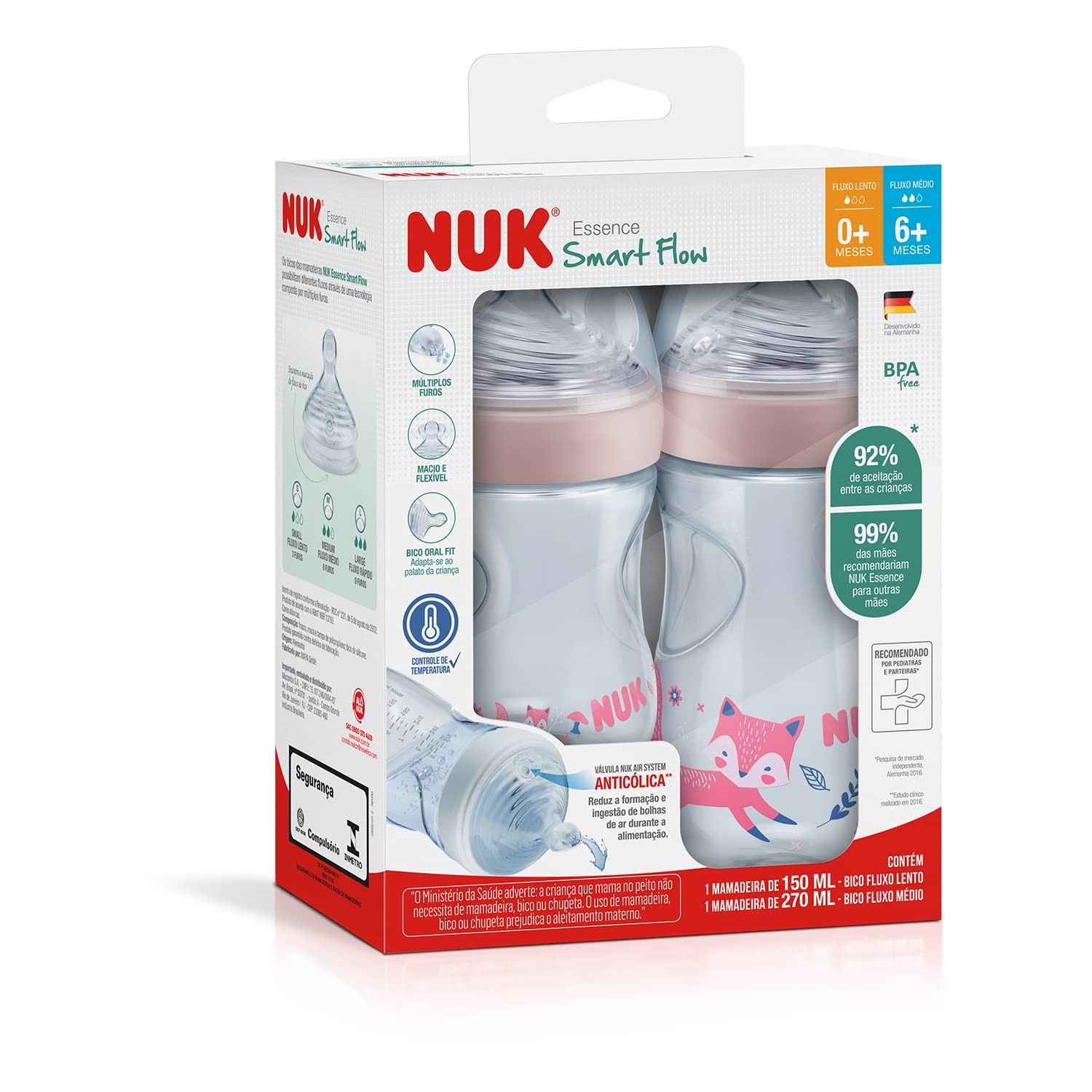 Kit Mamadeiras Anticólicas NUK Essence Smart Flow 150ml + 270ml Rosa - Proteção Contra Cólicas