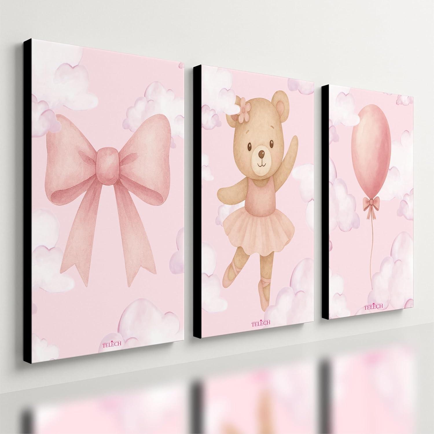 Kit 3 Quadros Decorativos Rosa para Quarto de Bebê e Infantil - 28x20cm