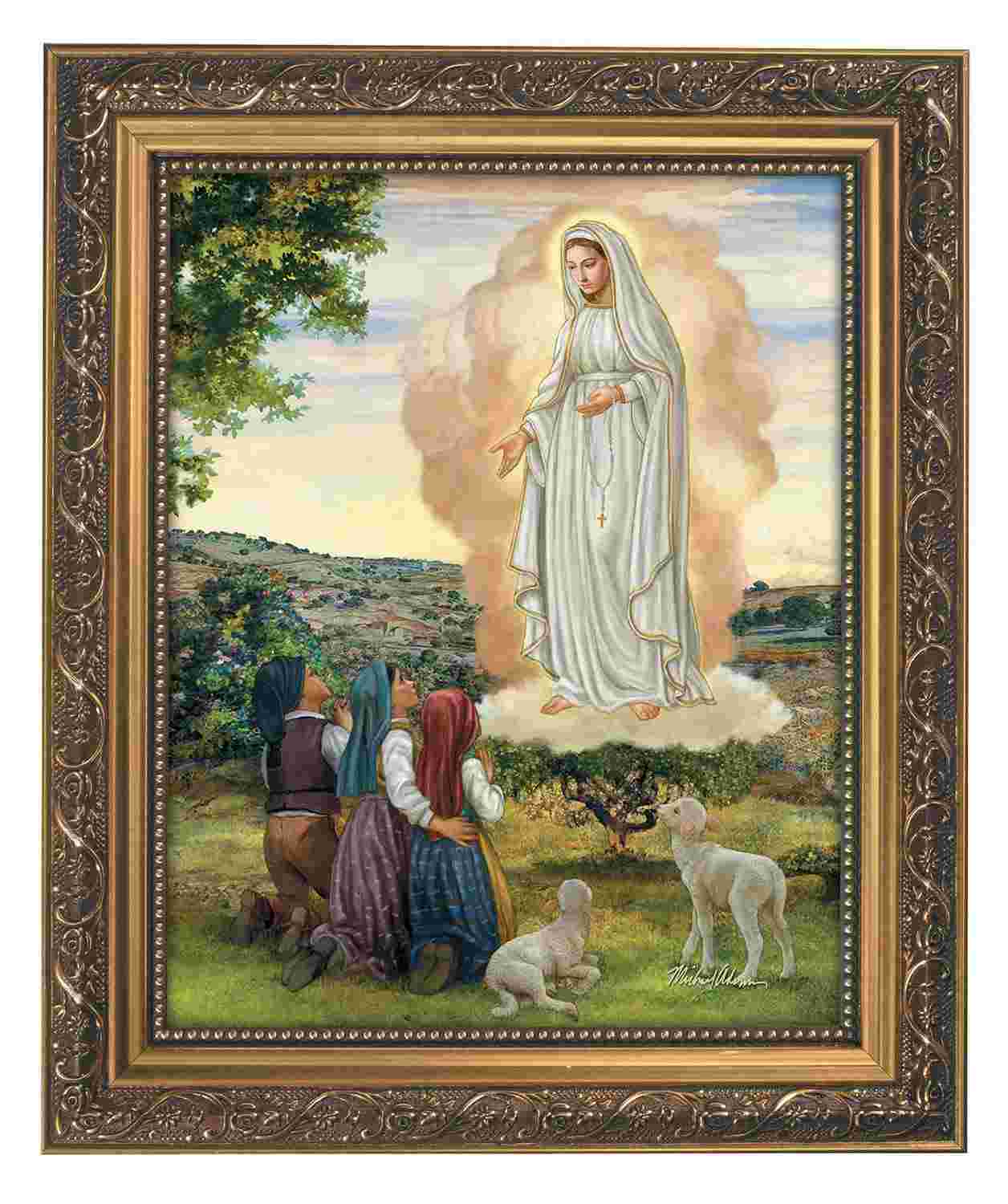 Quadro Nossa Senhora de Fátima Dourado 28x33cm - Decoração Cristã Elegante com Moldura Ornamentada