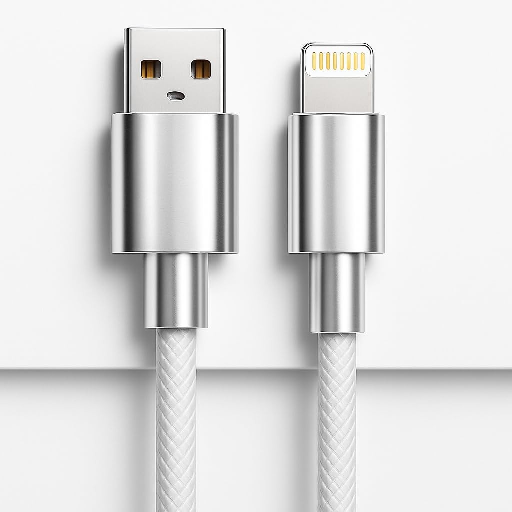 Cabo USB Turbo 2m Nylon Trançado Branco - Carregamento Rápido para iPhone 14/13/12/11/SE e Mais