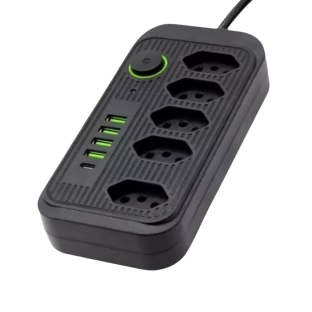 Régua de Energia Premium: Filtro de Linha 5 Tomadas, 4 USB-A, 1 USB-C e Cabo 2m