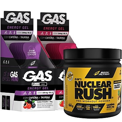 2x Gas Energy Gel + Pré Treino Nuclear Rush – Potência Máxima no Treino!