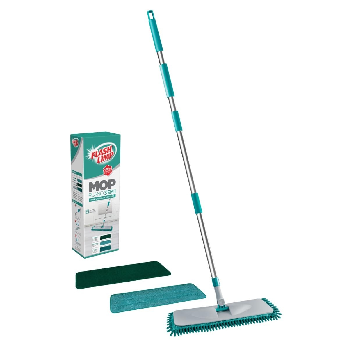 Mop Plano 3 em 1 MOP0617 Inox com 3 Refis - Limpeza Pesada, Úmida e Tira Pó