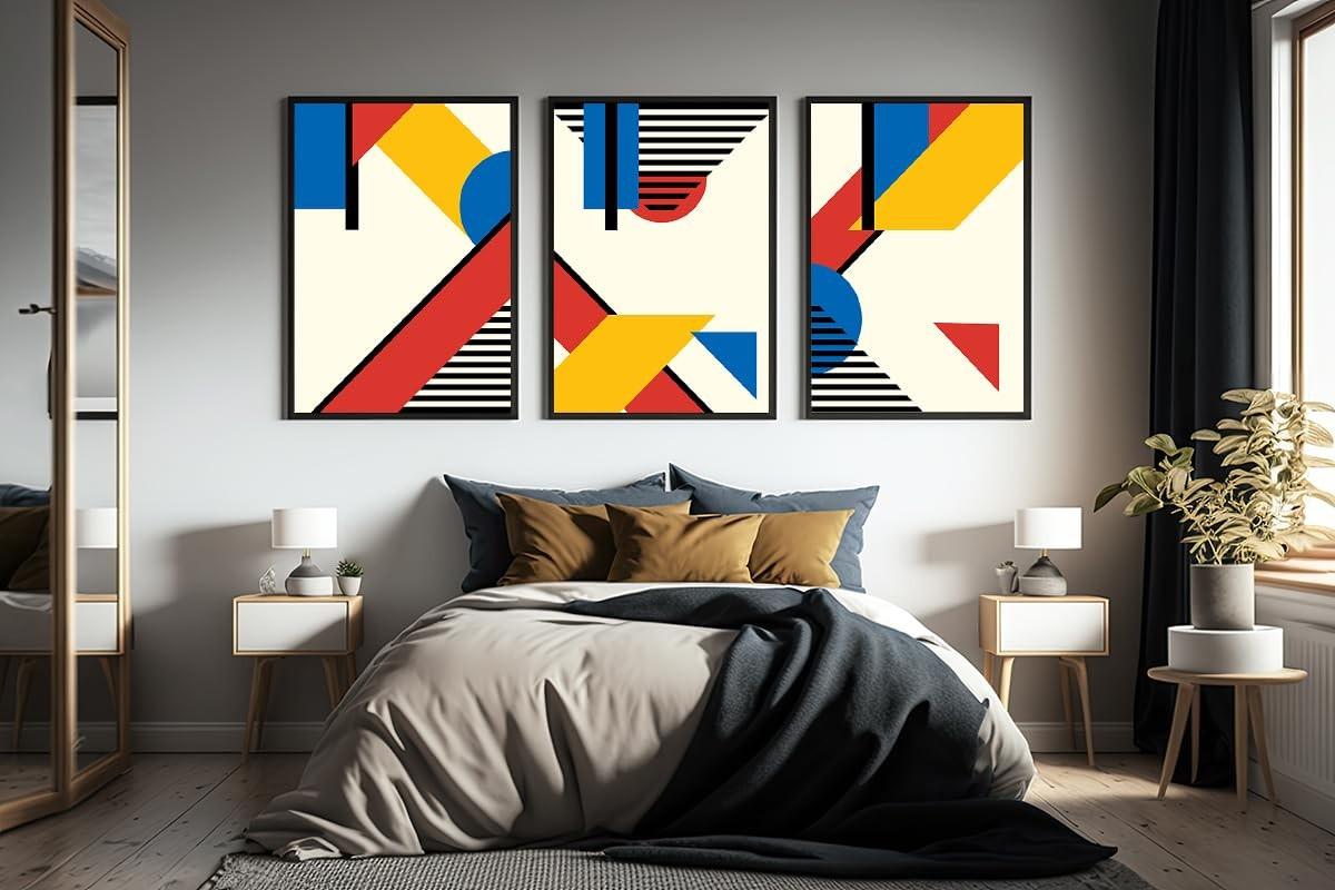 Kit 3 Quadros Abstrato Geométrico Triângulo em Listra - Decore sua Casa com Estilo Moderno (43x32cm, Preto)