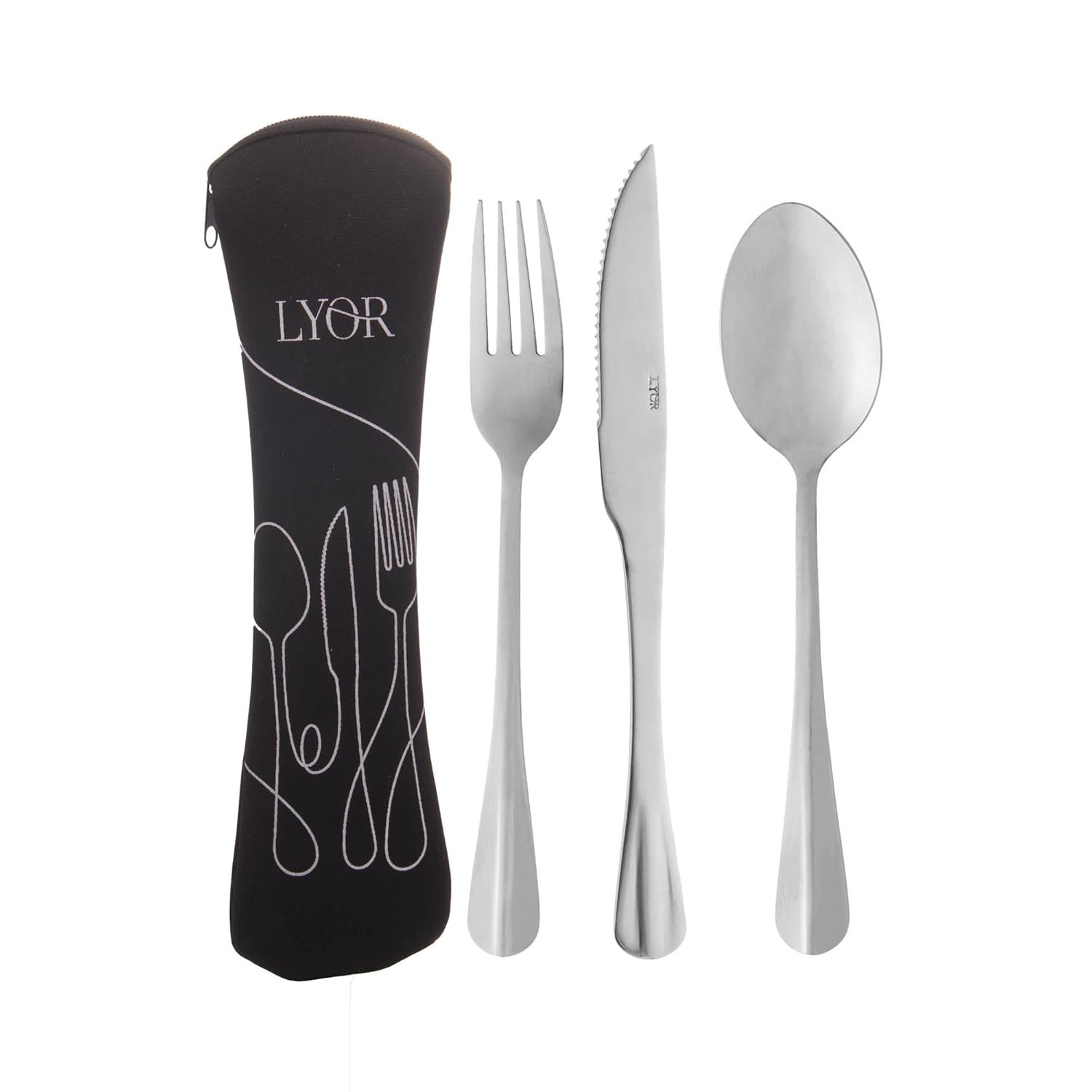 LYOR - Estojo de Neoprene com 3 Talheres Positano em Aço Inox | Conjunto Portátil e Elegante