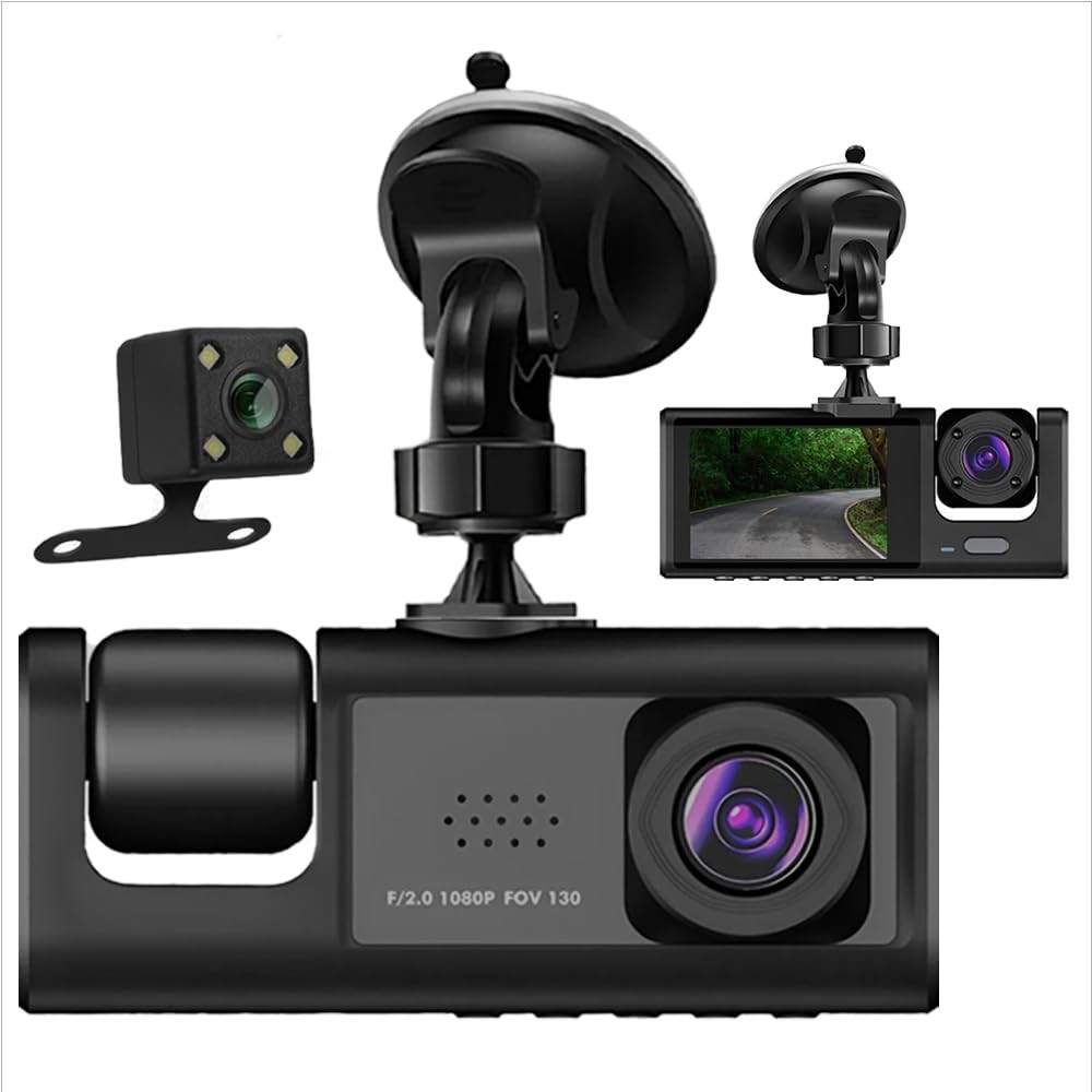 Câmera Veicular 3 Lentes Full HD 1080P: Segurança 360° com Visão Noturna e G-Sensor