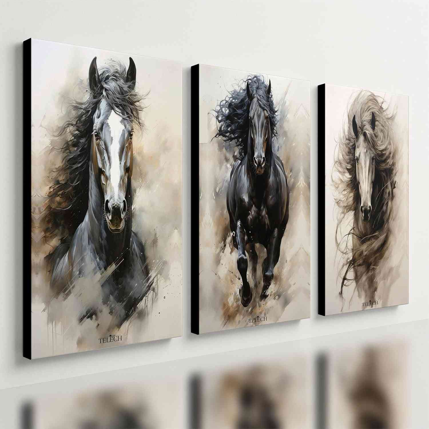 Kit 3 Quadros Decorativos de Cavalo Branco - Estilo Equino Moderno 40x28cm