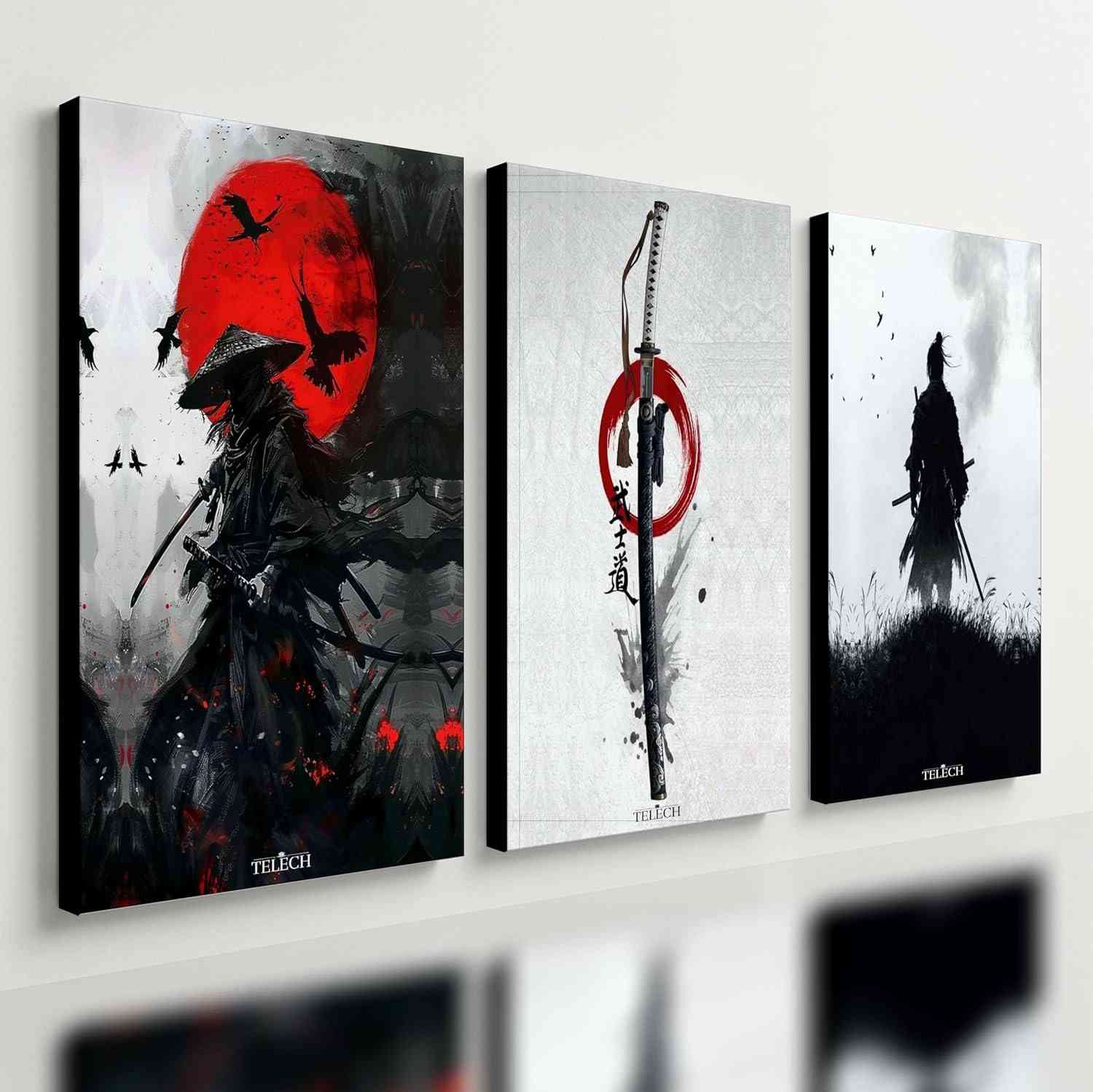 Kit 3 Quadros Decorativos Samurai - Arte Japonesa Ninja Katana 40x28cm