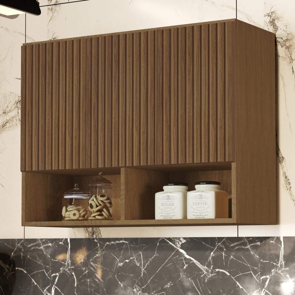 Armário Aéreo para Cozinha com 3 Portas Suspensas em MDF e MDP Freijó Ripado 3D