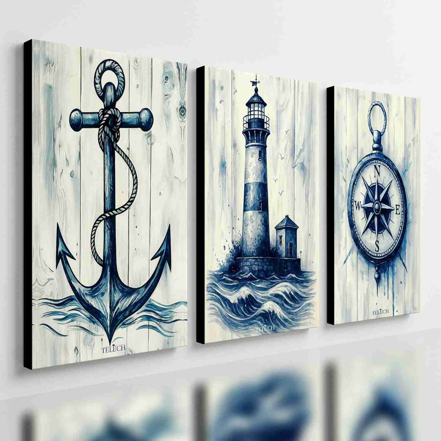 Kit 3 Quadros Decorativos Marítimos Premium - Veleiro, Barco e Farol (40x28cm)