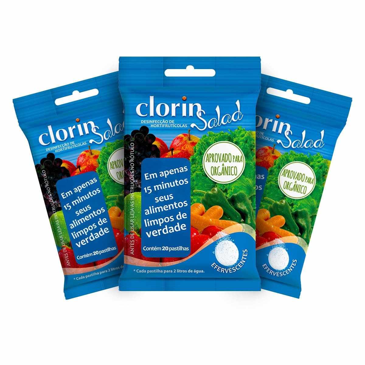 Kit 3 Clorin Salad - Pastilhas Desinfetantes para Frutas, Legumes e Verduras | Higienização Segura e Rápida