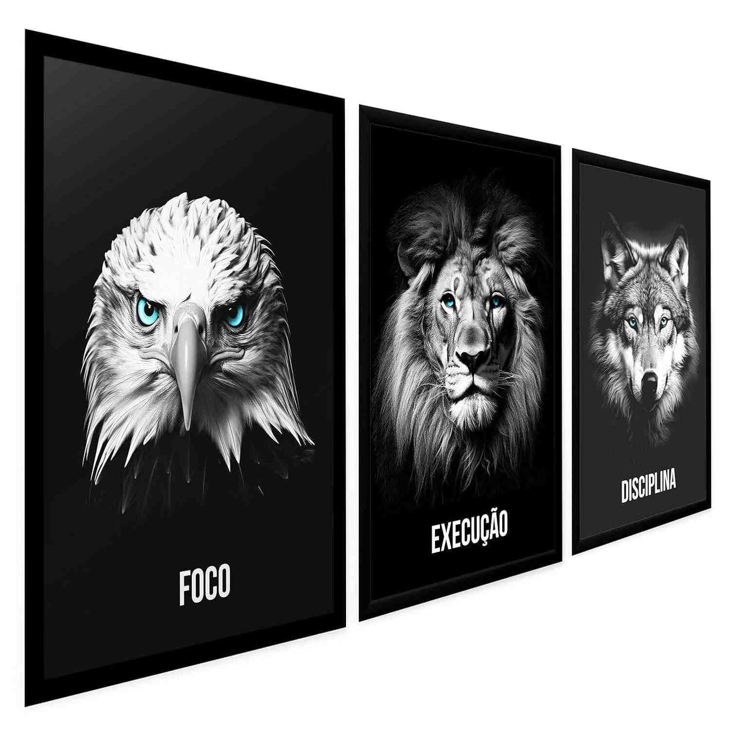 Quadros Decorativos Grandes com Moldura - Águia, Leão e Lobo - 3 Peças para Ambientes que Inspiraram Disciplina e Foco