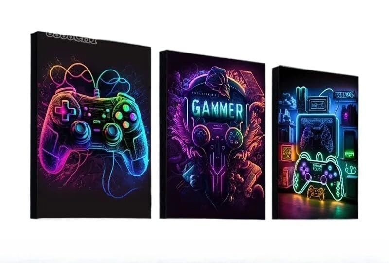 Kit 3 Quadros Decorativos Hora do Jogo - Controles de Video Game para Quarto e Sala
