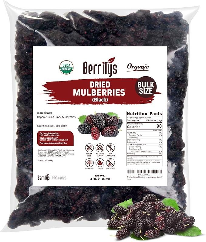 Berrilys Amoras Secas, Pretas, Orgânicas, 3 Lb, Amoras Secas, Não Transgênicas, Sem Enxofre, Cruas, Lanches Saudáveis, Ótimo Ingrediente para Fins de Panificação, Vegano, Natural