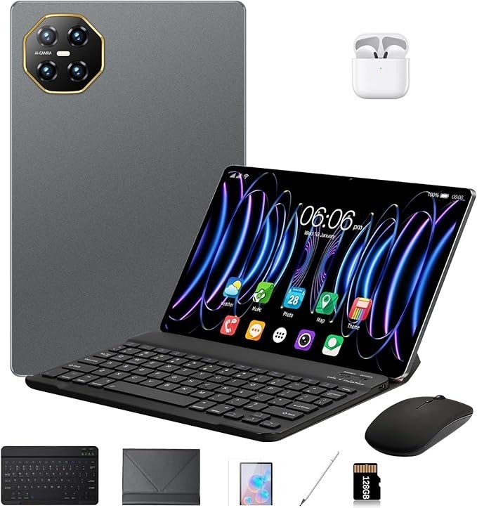 DIVENT-Tablet 3 em 1 com estojo/teclado/mouse/fone de ouvido, 10,1 polegadas, Android 14, 16GB de RAM + 512GB de ROM, câmera de 16MP + 32MP, GPS, Bluetooth, bateria de 8800mAh, Dual-SIM (preto)