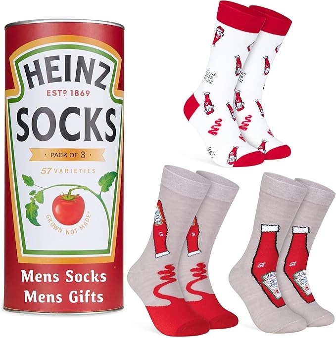 HEINZ Pacote de 3 meias masculinas ketchup de feijão cozido para homens, adolescentes, macias, respiráveis tamanho 8-11, presentes para ele (ketchup vermelha), Ketchup vermelho, Tamanho Único