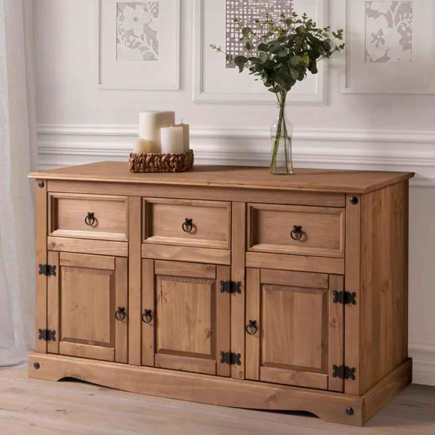 Balcão Buffet de Madeira Maciça com 3 Portas e 3 Gavetas Marrom Antique - 125cm Largura - Pense Dentro da Caixa