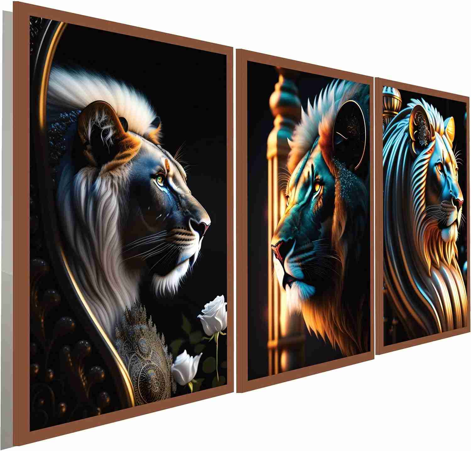 Kit 3 Quadros Decorativos Leão com Escultura Ultra Detalhada - Design Premium para Sala