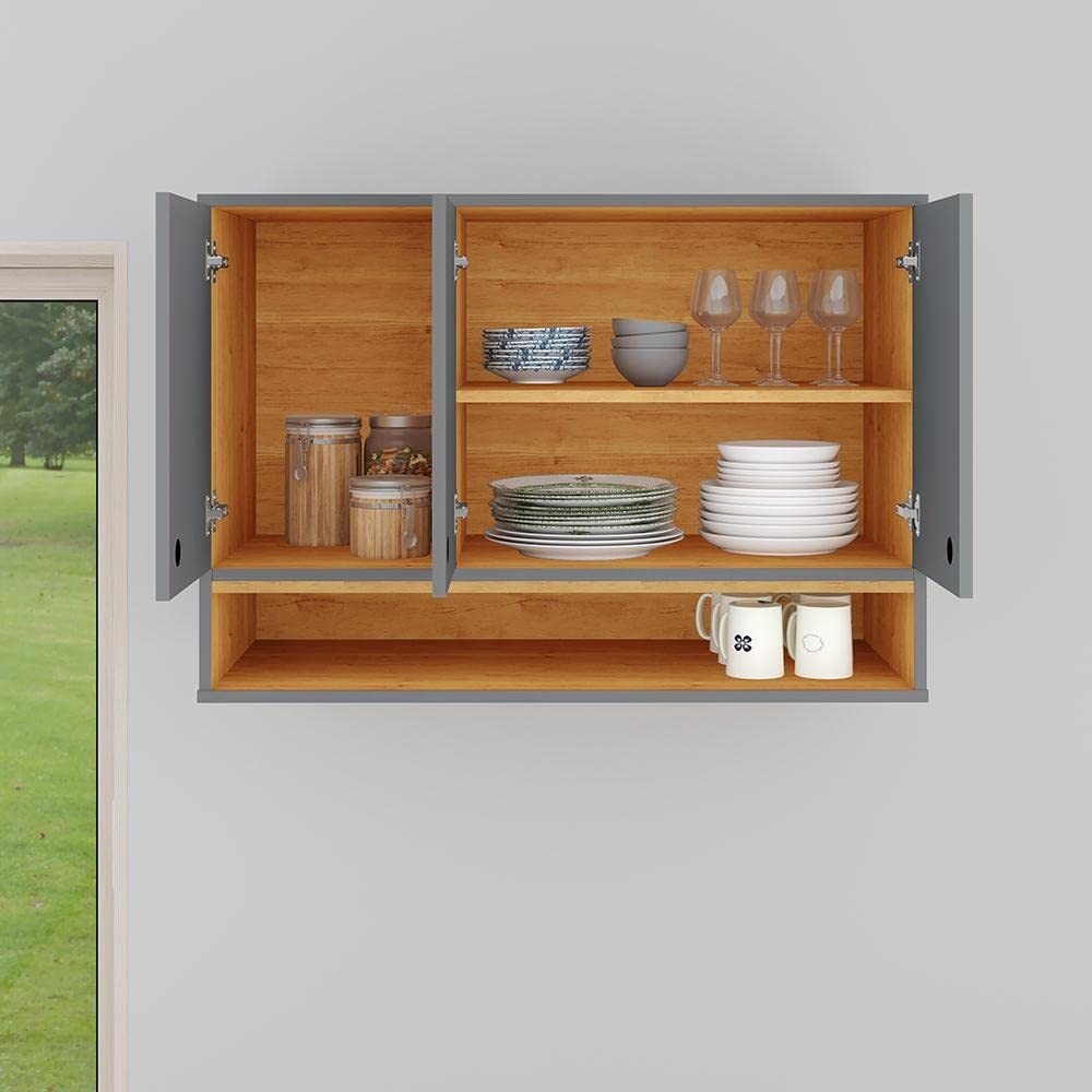 Armário Aéreo 3 Portas com Nicho Suspenso Cinza/Cinamomo - Moderno e Funcional para Cozinha e Área de Serviço