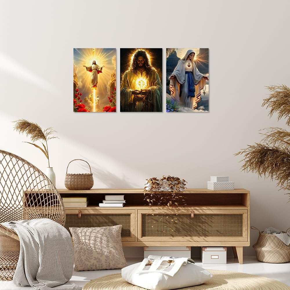 Tríptico de Luz Sagrada - 3 Peças com Figuras Celestiais | Arte Espiritual 20x30cm